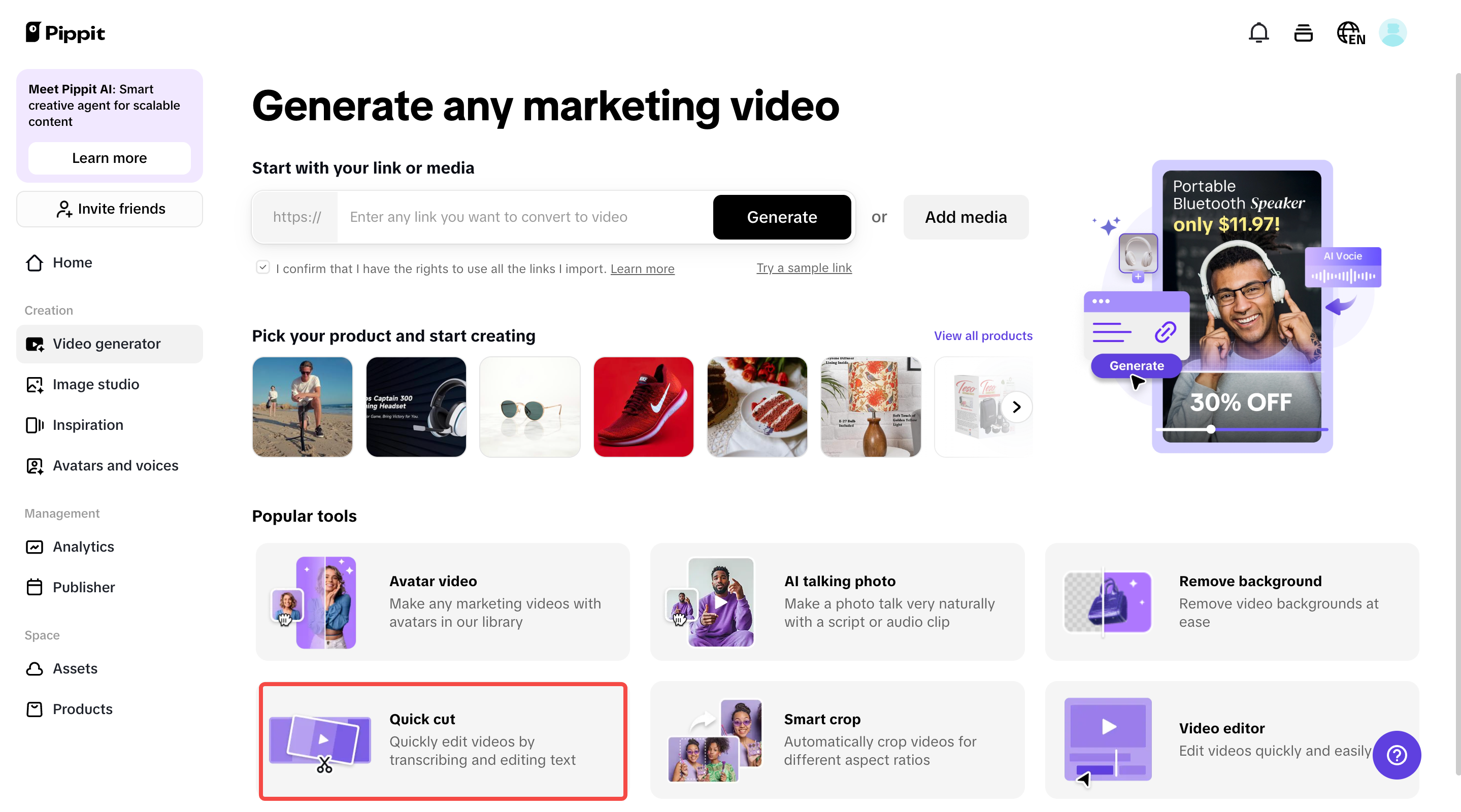 Access the "Quick cut" tool