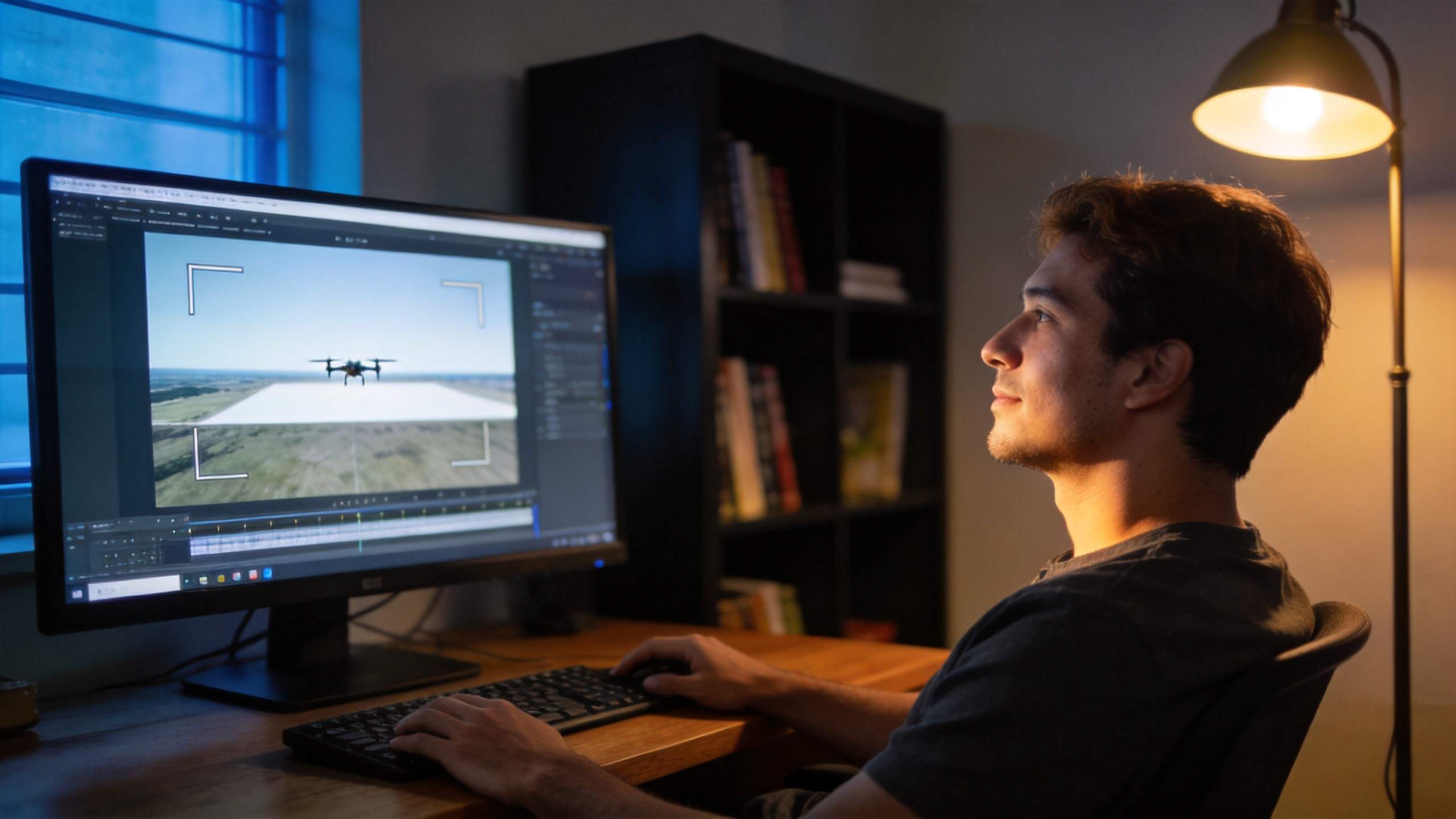 Man editing drone footage on a desktop monitor in a dimly lit room