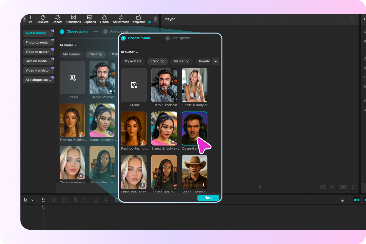 Choosing an AI avatar for your content in CapCut's AI avatar generator