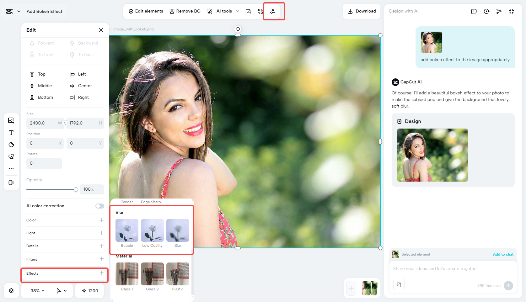 Add a blur effect to the bokeh image