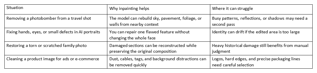 Table showing inpainting uses, benefits, and where it can struggle