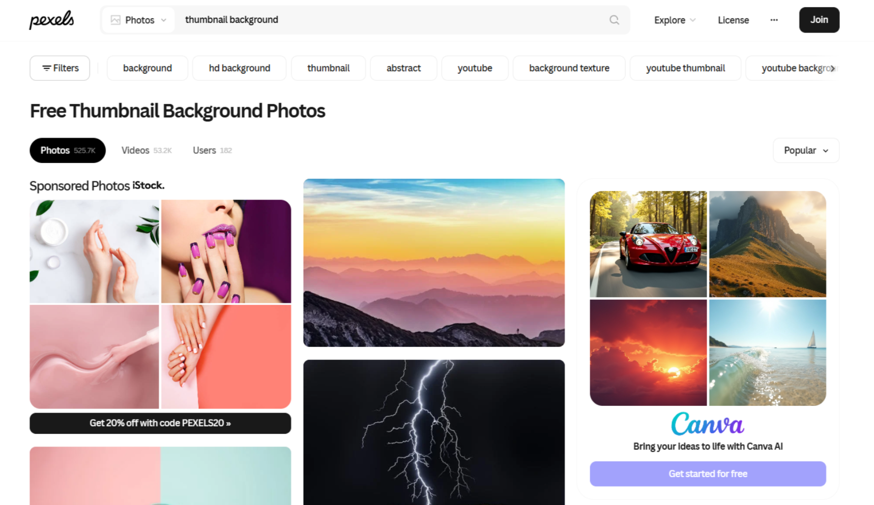 Interface of Pexels - a valuable resource for thumbnail backgrounds