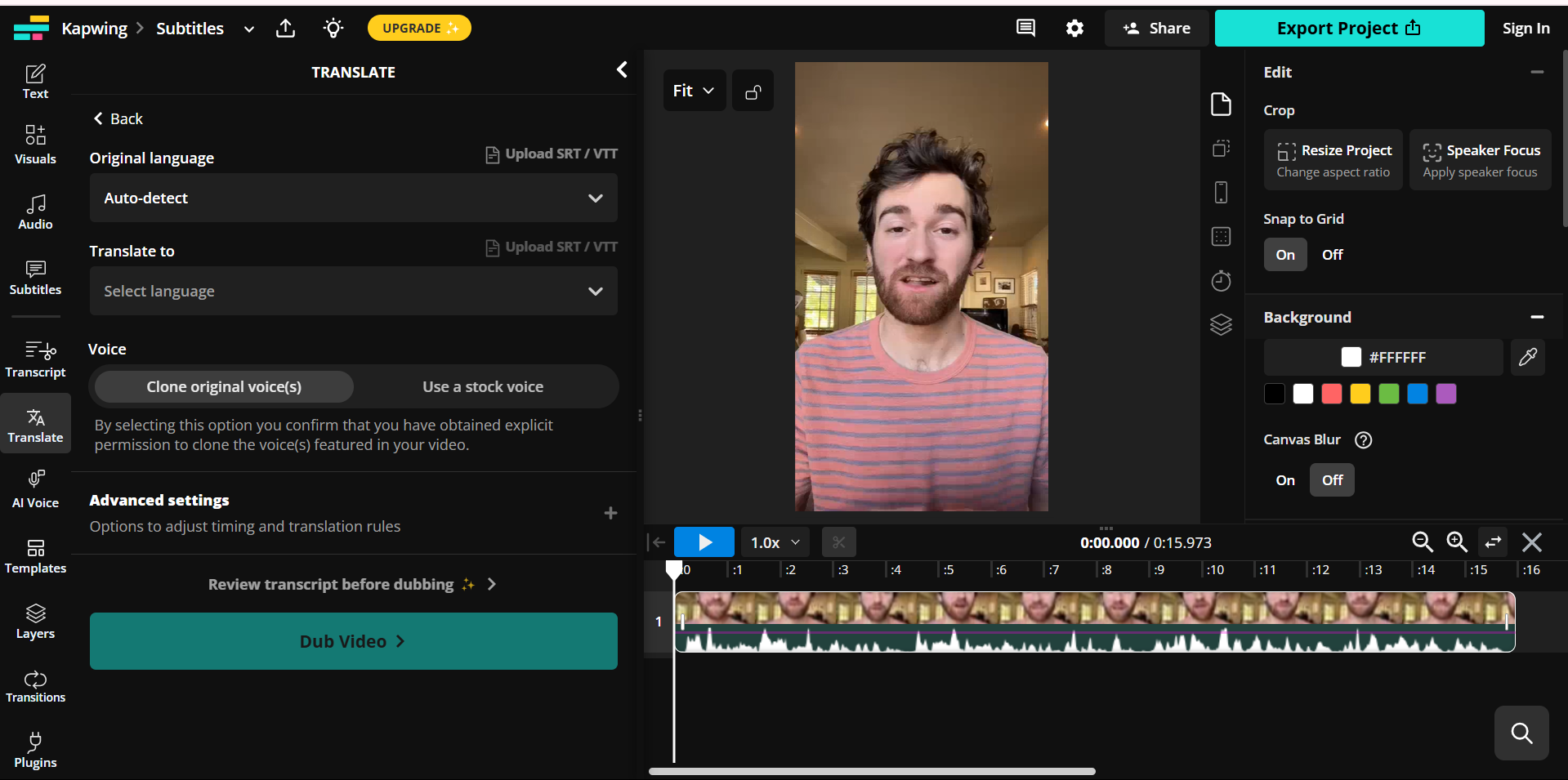 Interface de Kapwing - uma sincronização labial de vídeo confiável IA