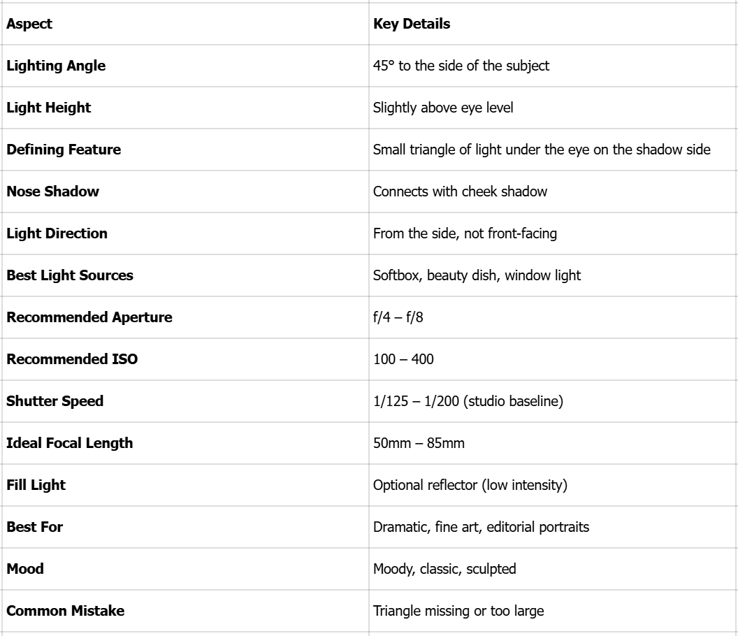 Rembrandt lighting techniques & Cheat sheet