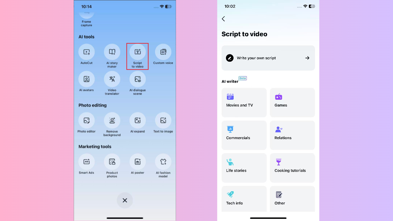 Navigate to Script to video feature