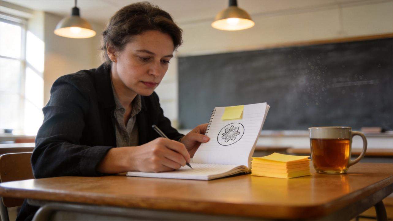 Teacher writing in a notebook at a classroom desk with sticky notes and a chalkboard behind her