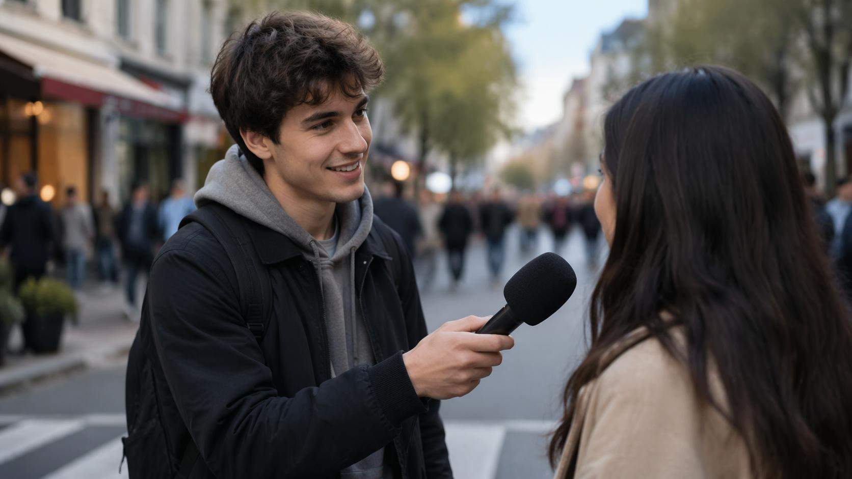 Dreamina veo3 prompt prompt example 4: Street interview scene