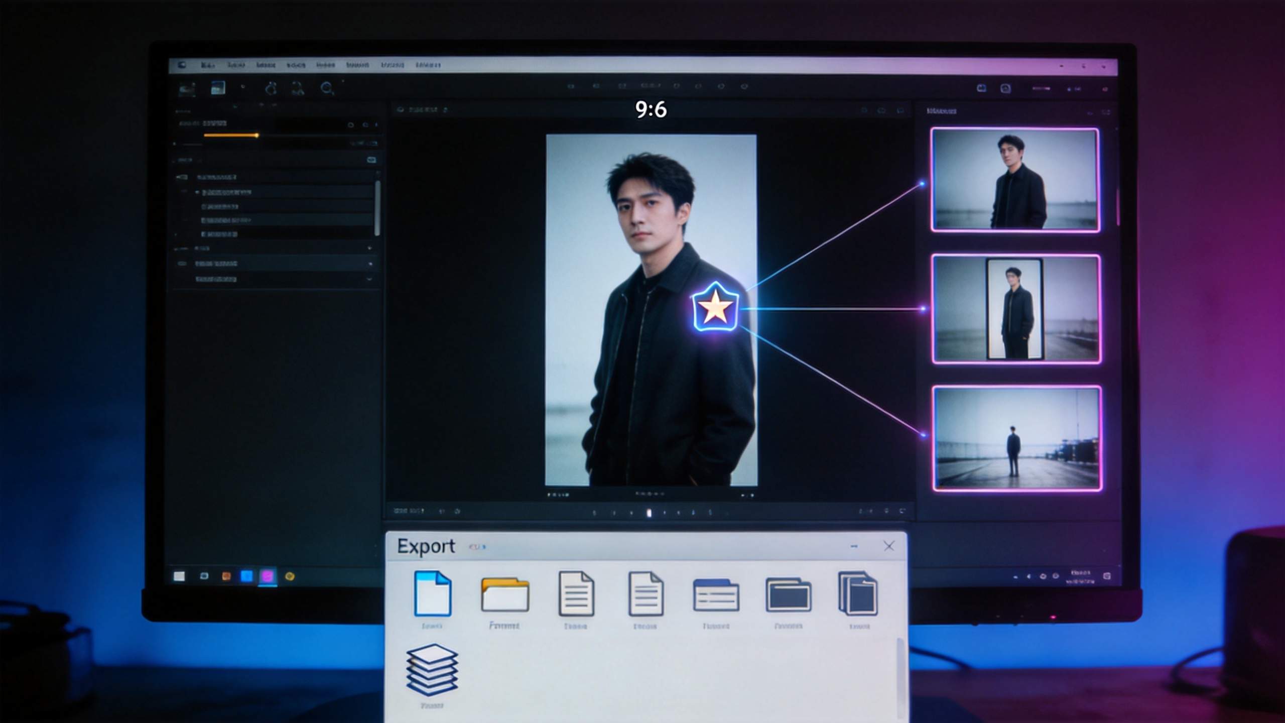 Video editor with a vertical portrait clip and three smaller clip previews linked on the right