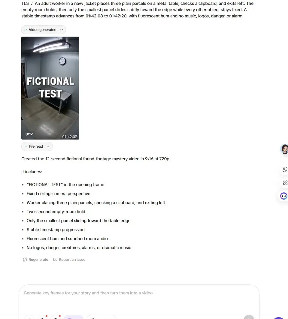 Szürke szobáról készült álló videó előnézet, amelyen egy fali óra, egy asztal és egy "FICTITIOUS TEST" felirat szerepel.