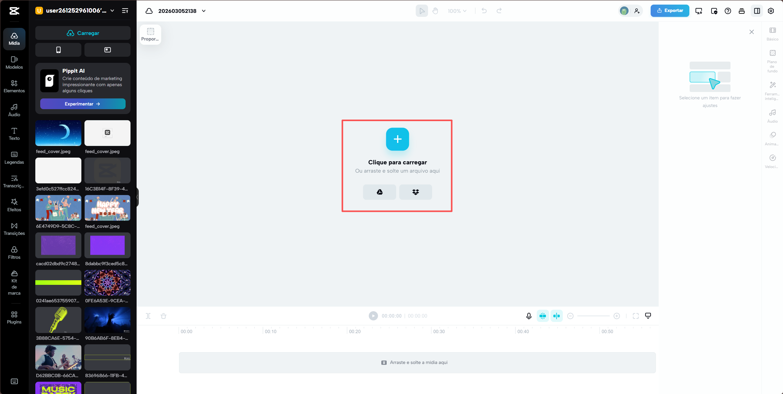 Upload de vídeo no CapCut