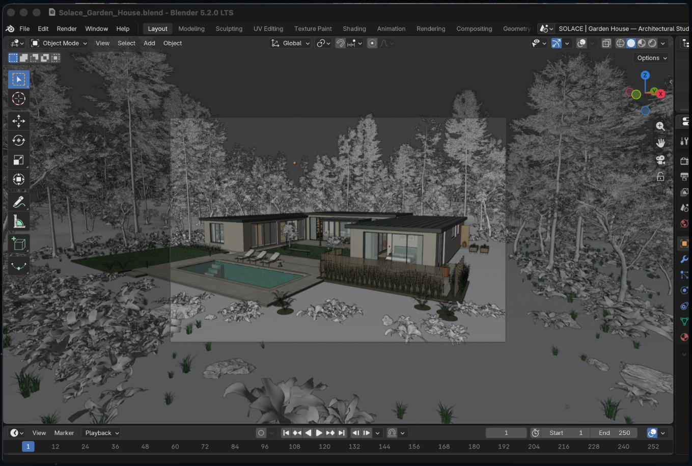 White-clay 3D house concept showing scene composition and spatial layout