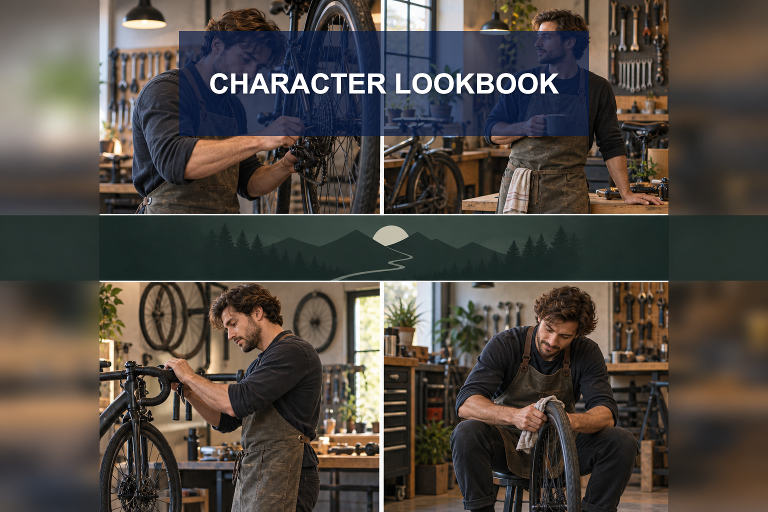 Original adult bicycle mechanic shown in an editorial lookbook layout