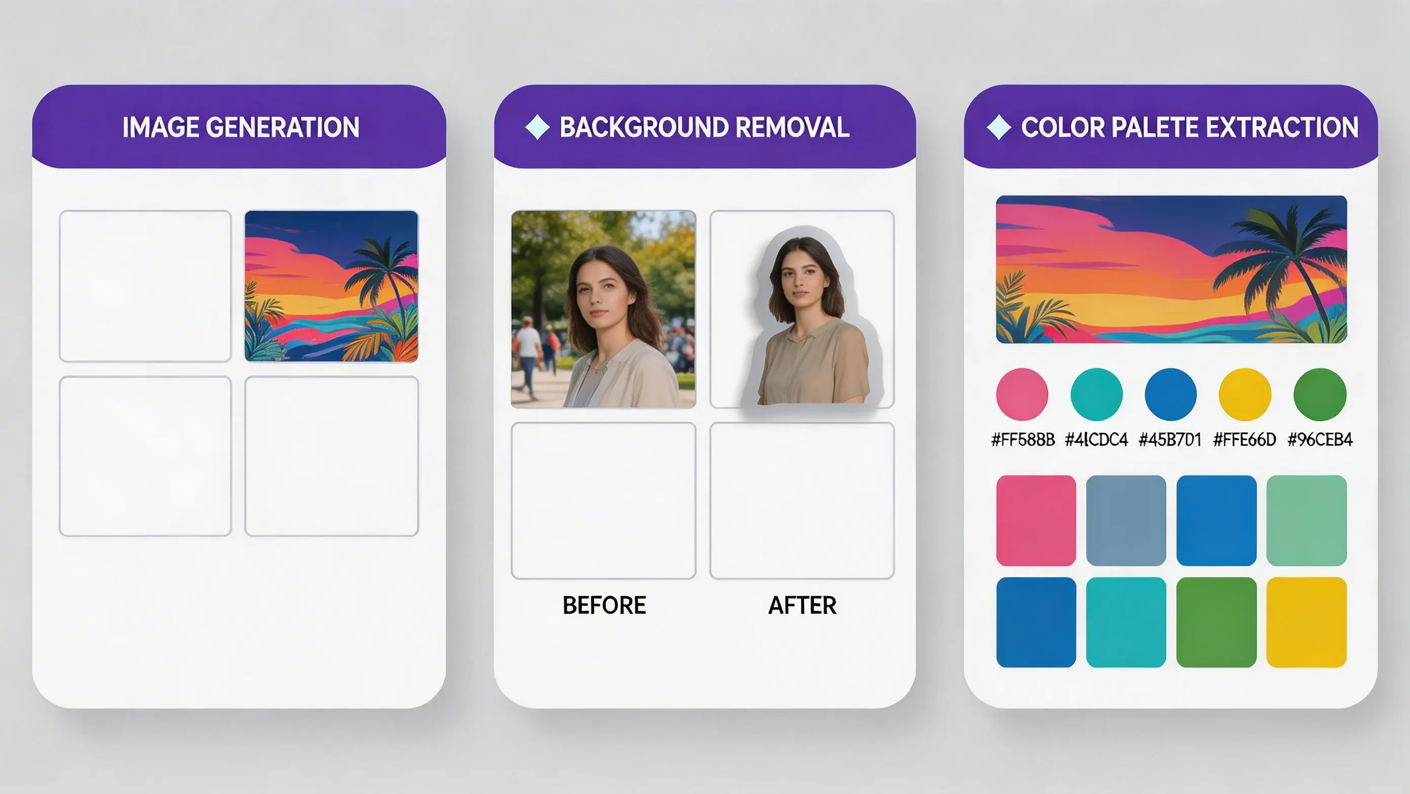 Comparison graphic showing CapCut's AI design tools including image generation, background removal, and color palette extraction used within a mood board project