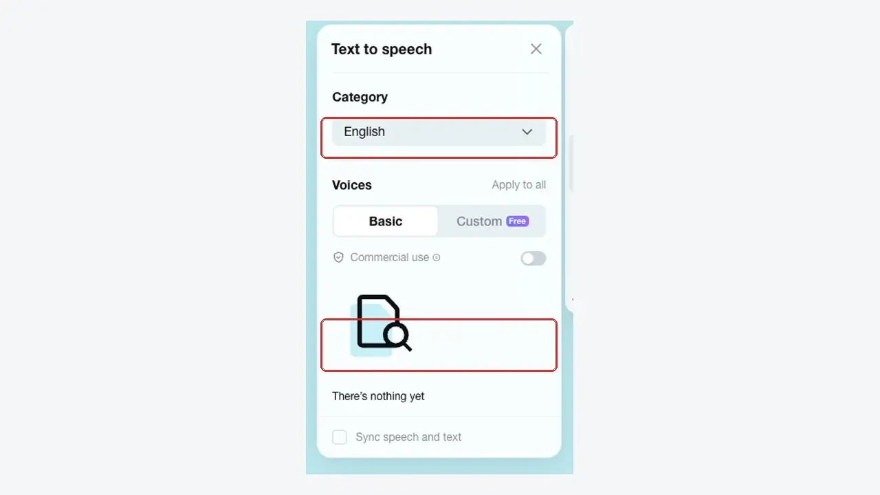 Text-to-speech panel with English selected and an empty voice list