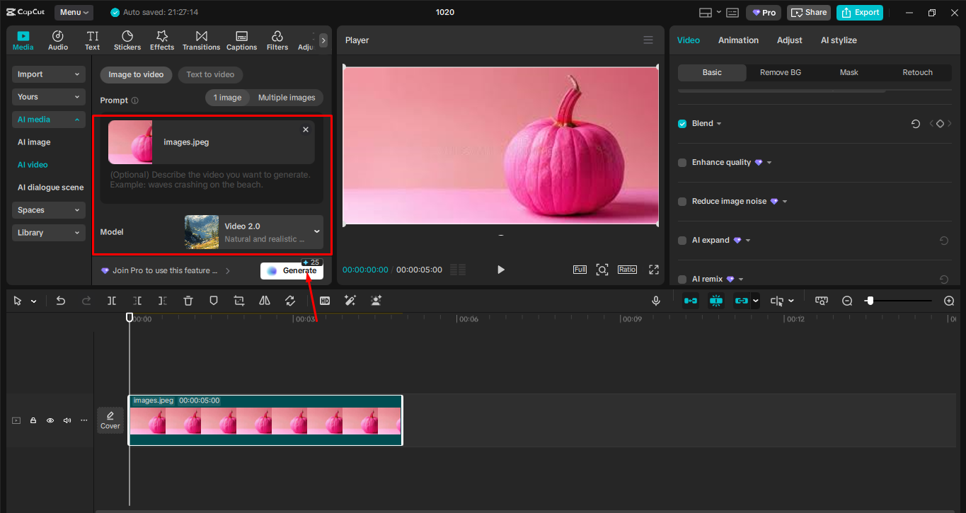 Converting an image in the CapCut desktop video editor