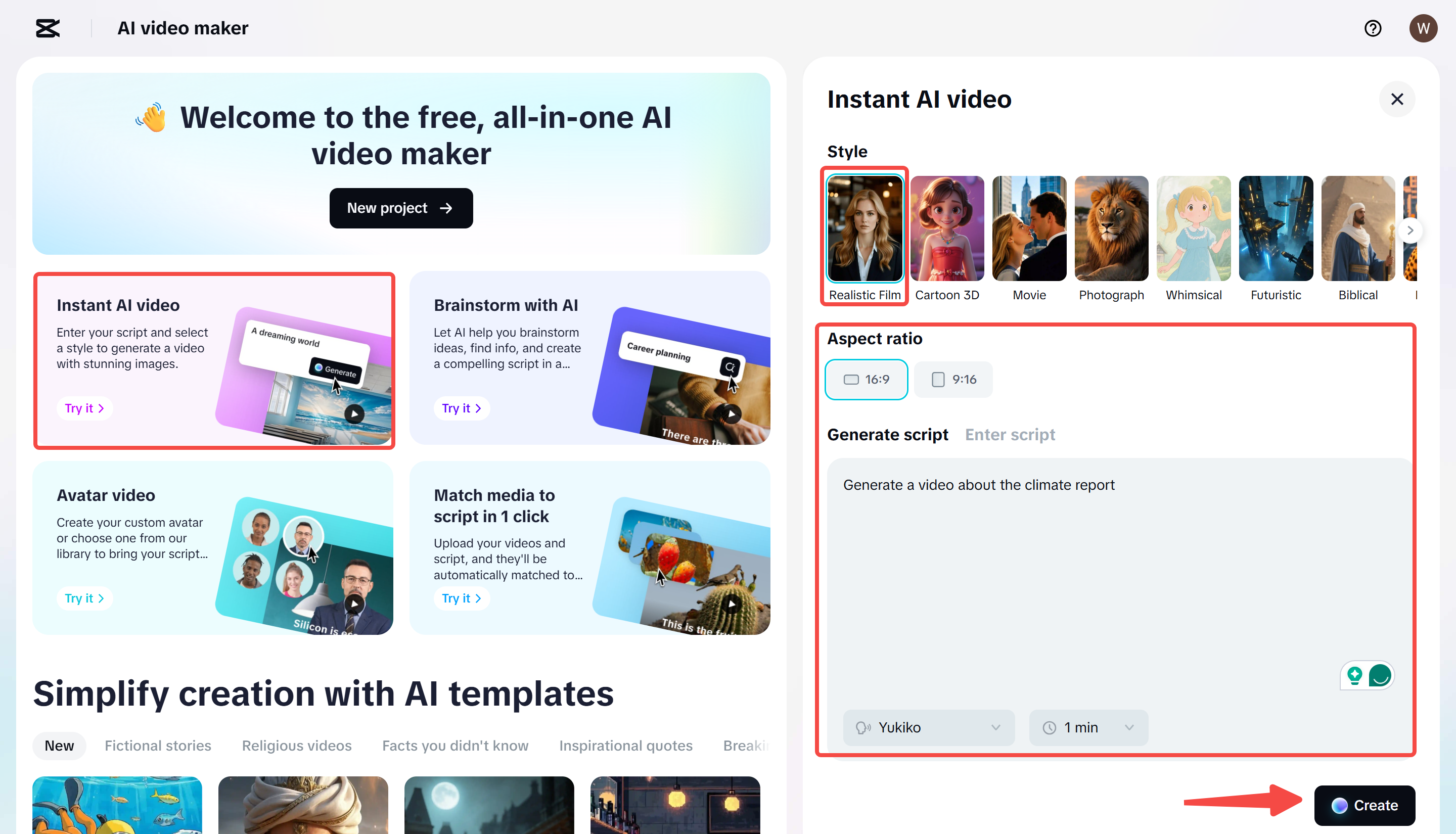 Generating a video and adding a voiceover to the video on CapCut Web