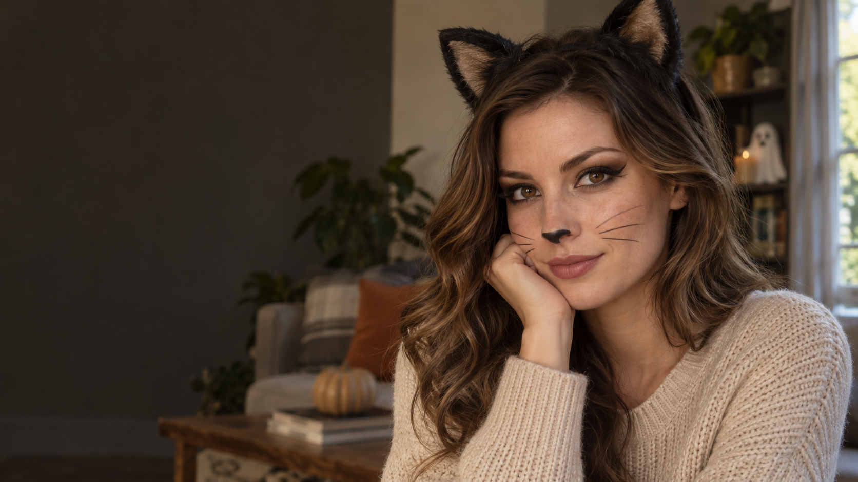 Soft Neutral Cat: Isang kathang-isip na babaeng nasa hustong gulang na may brown na cat-eye makeup, maliit na natural na hitsura ng detalye ng ilong at pinong malambot na whisker, beige sweater at daylight home setting.