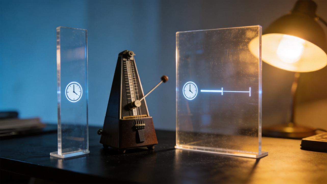 Metronome between two clear panels showing clock and timing line icons beside a desk lamp
