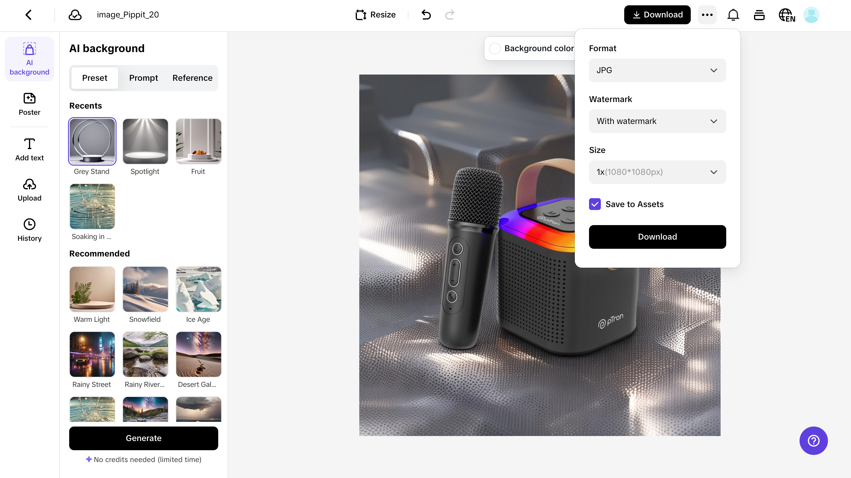 exporting product image from Pippit