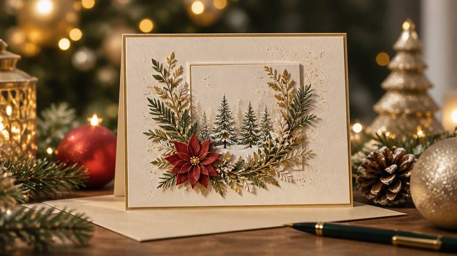ภาพเหมือนในเมืองที่มีแดดจ้าของผู้ผลิตการ์ดคริสต์มาสสำหรับผู้ใหญ่