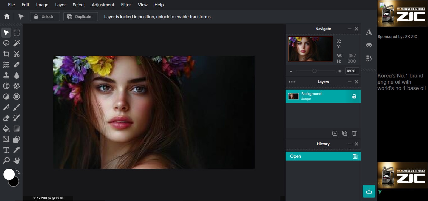 Interface of Pixlr - an advanced online face cleaner and photo editor