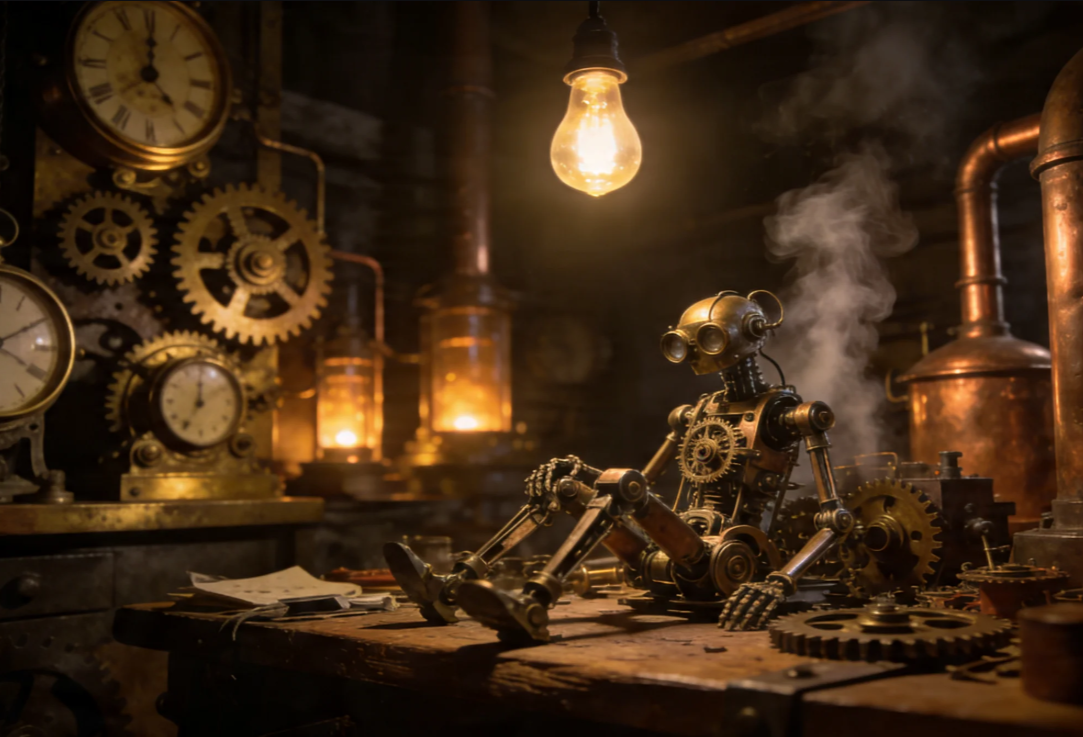 Prompt for a gritty steampunk workshop