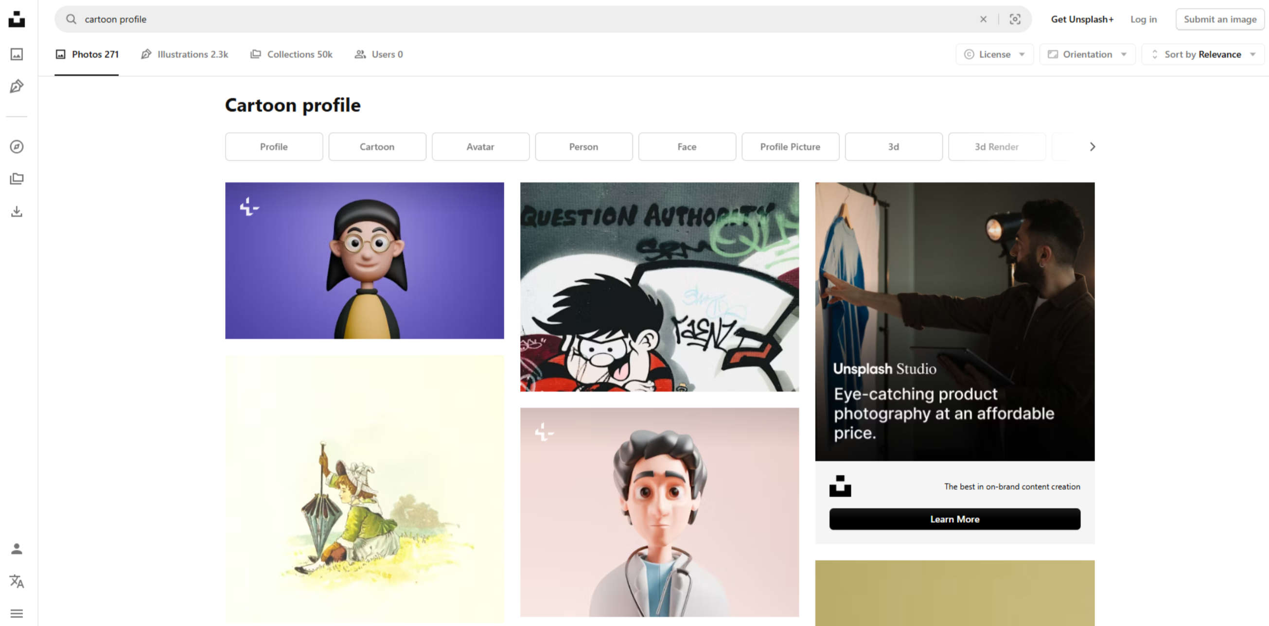 Interface of Unsplash - a site with diverse cartoon profile pictures