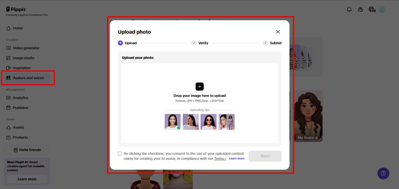 Uploading image to Pippit photo avatar generator
