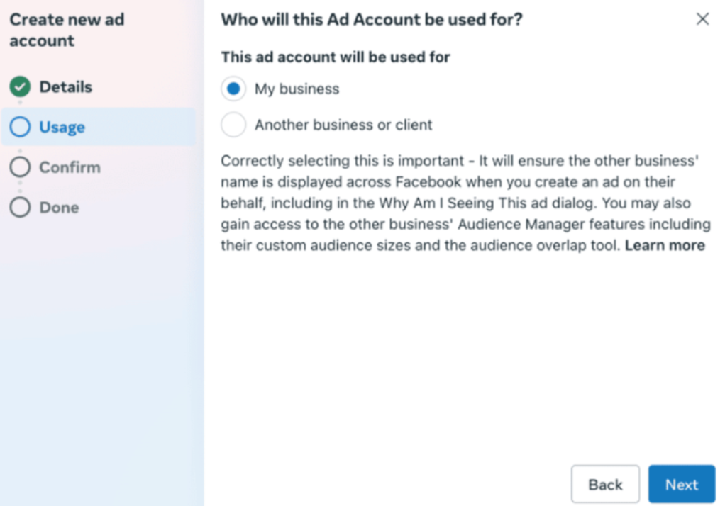 Specifying the Facebook Ad Manager account use