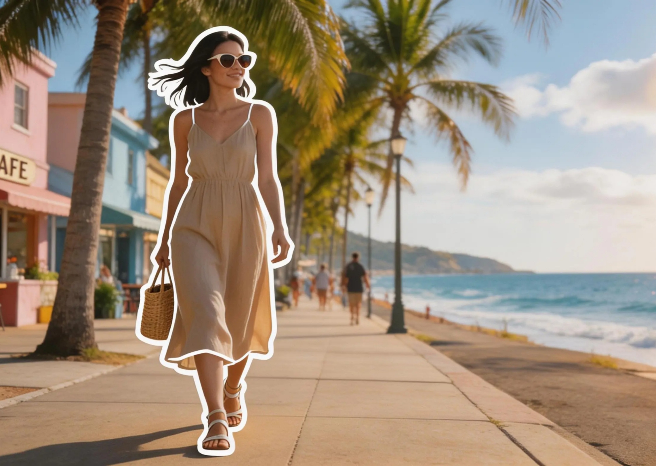 Combine a sunny seaside street background with a stylish woman