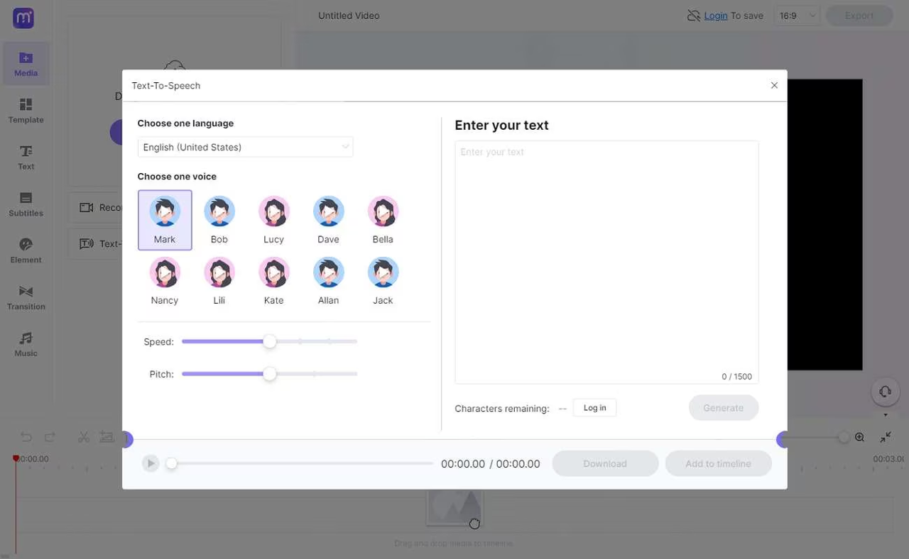 Utilizzando la funzionalità text-to-speech di Media.io - popolare generatore vocale AI gratuito