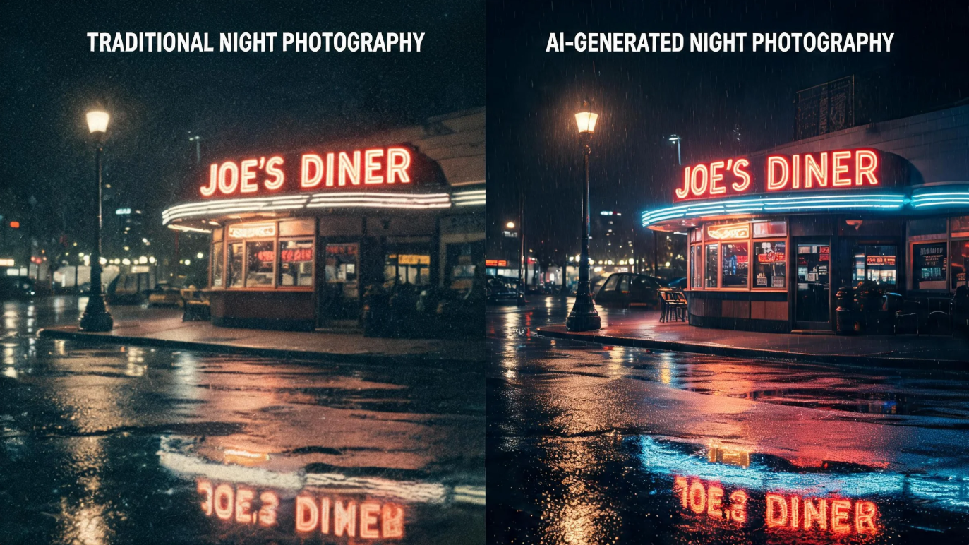Fotografía tradicional de noche y fotografía nocturna generada por IA