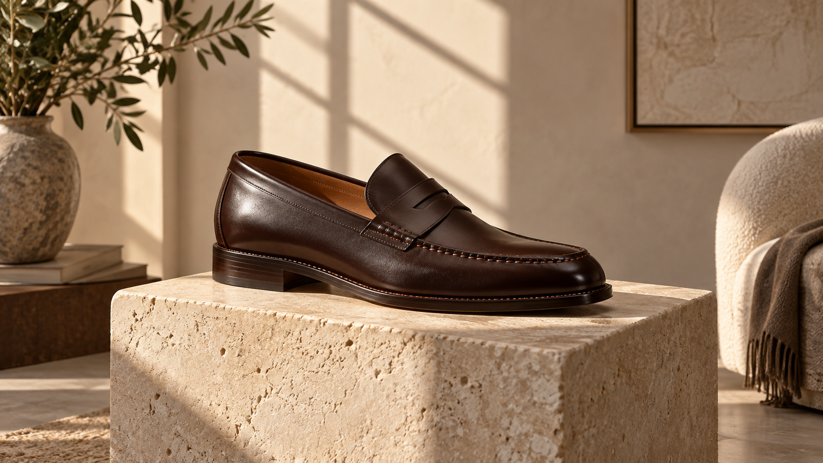 Affiche publicitaire de chaussures IA : Ombre de mocassins en cuir