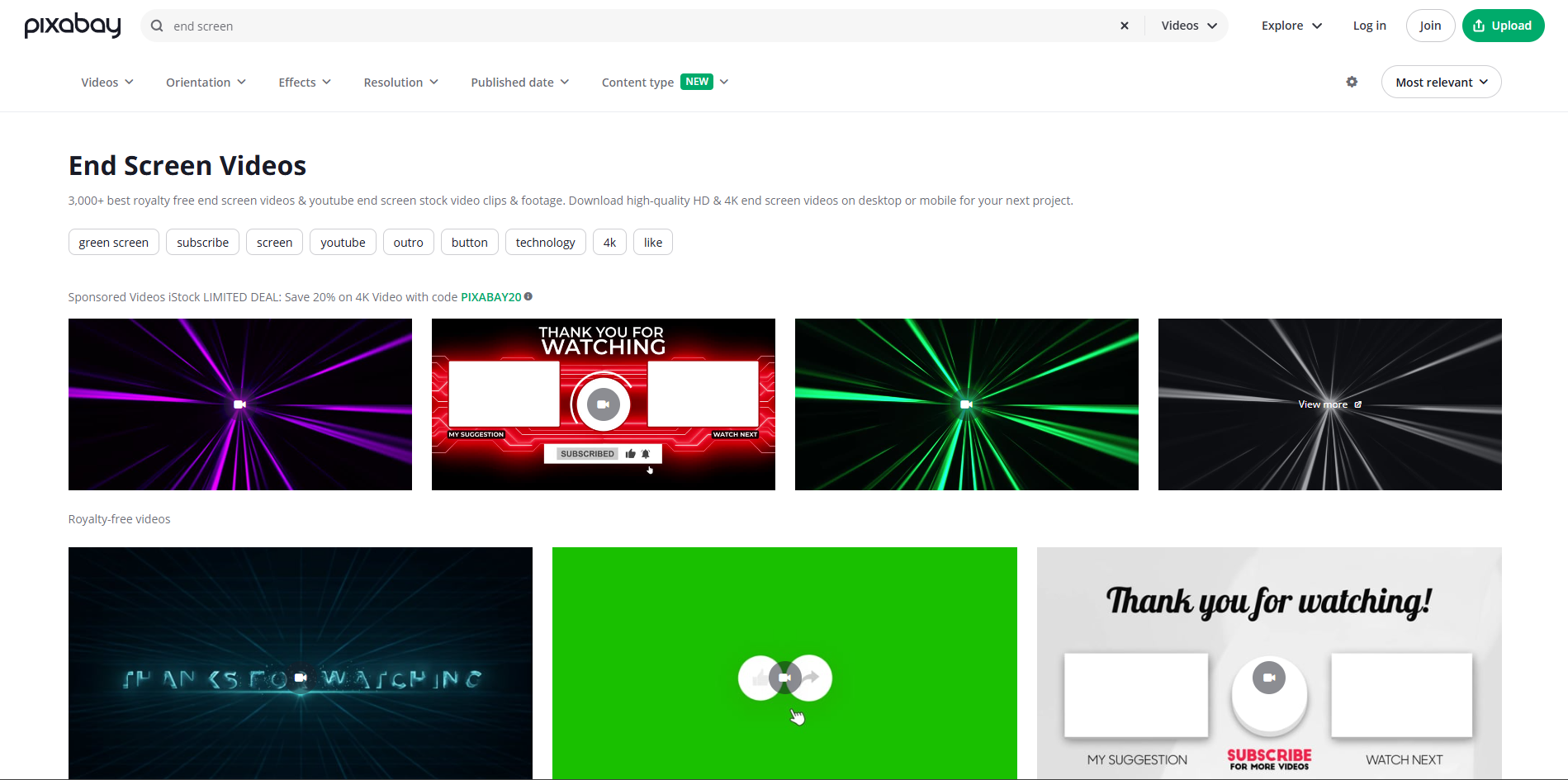 Interface of Pixabay - the perfect resource for YouTube end screen templates