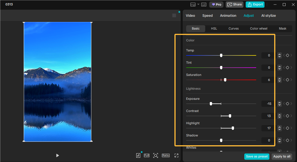 Fix túlexponált videó a CapCut PC-n