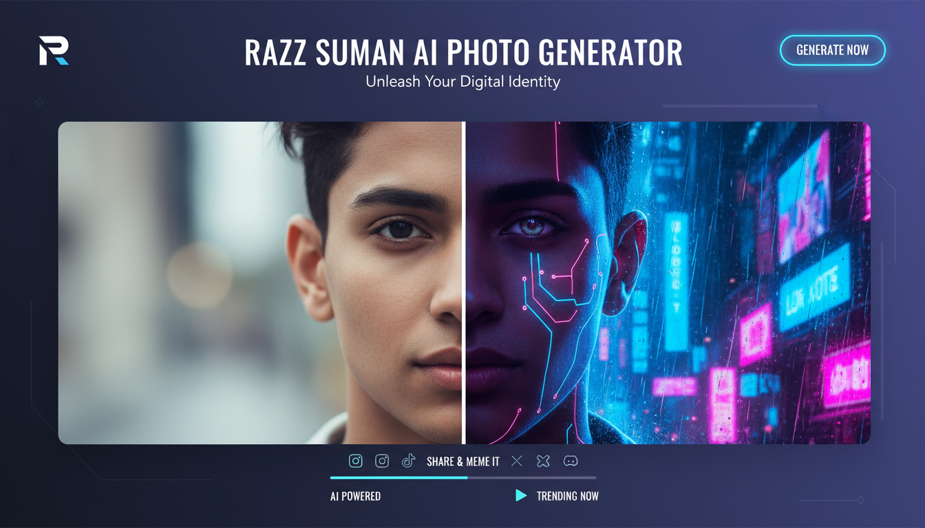Hero split-screen showing realistic and stylized Razz Suman AI photo, social media and meme-ready.