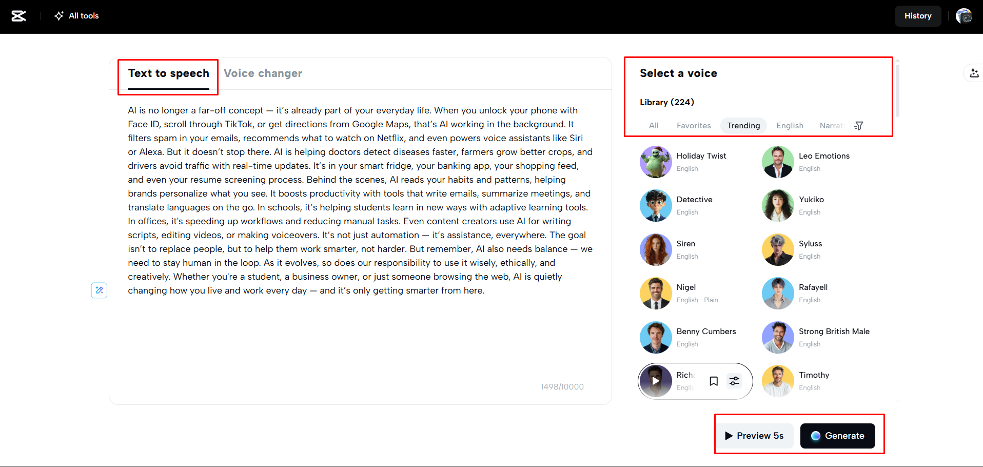 Generating audio from text in CapCut Web