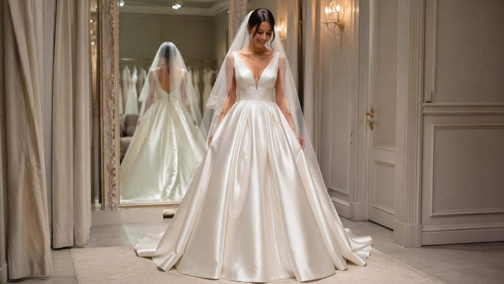 16: 9 AI Hochzeitskleid anprobieren Satin Ballkleid Ergebnis