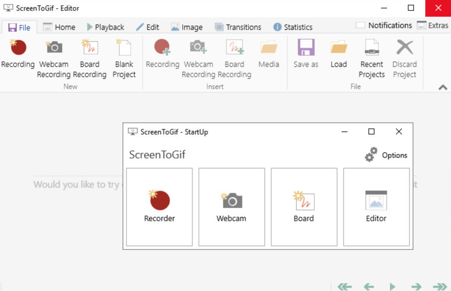The interface of ScreenToGif - a popular GIF screen recorder to download