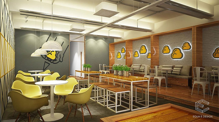 Ice cream shop interior with plants and wooden furniture