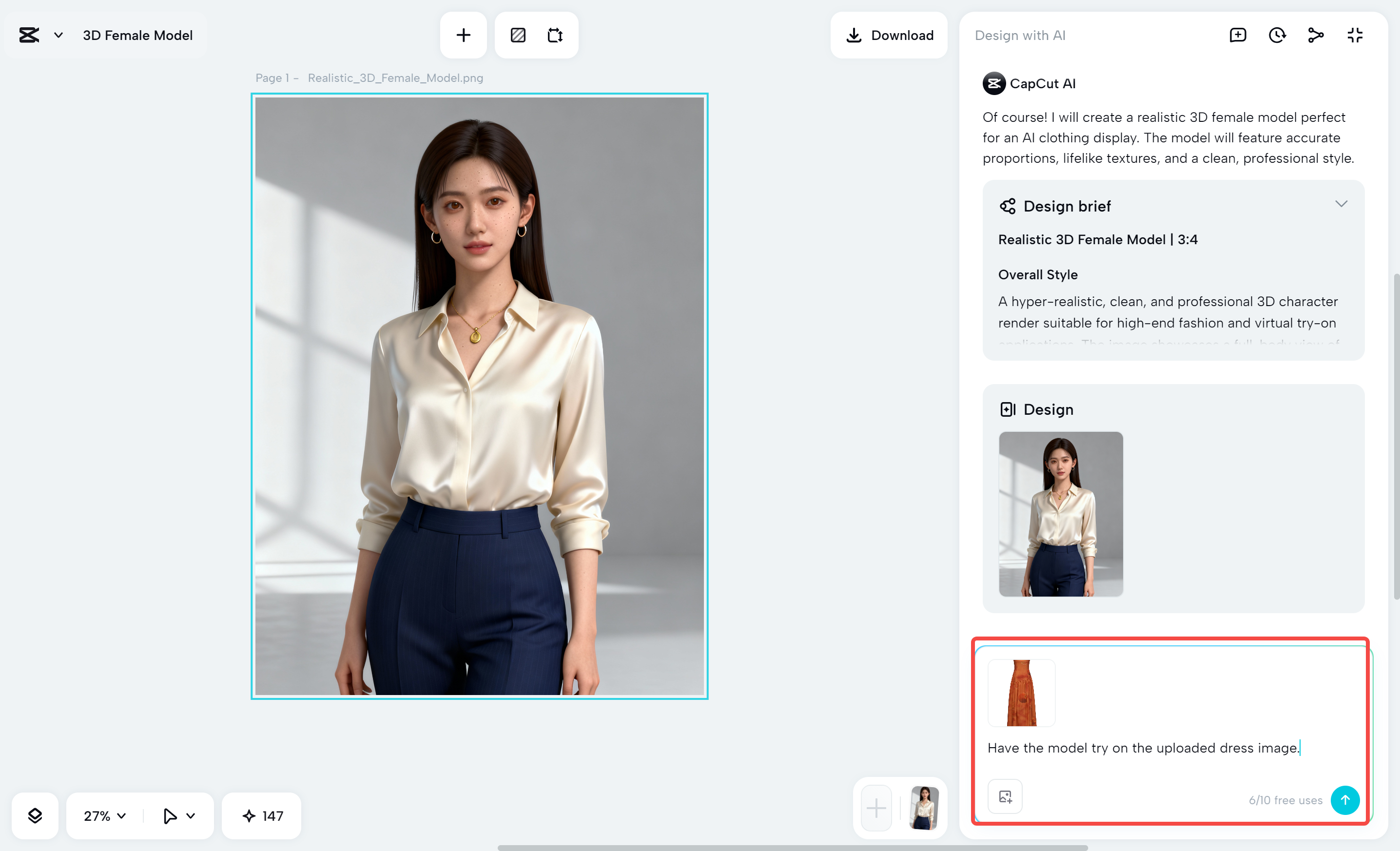 Letting AI try different clothes on models with CapCut's AI Design Agent
