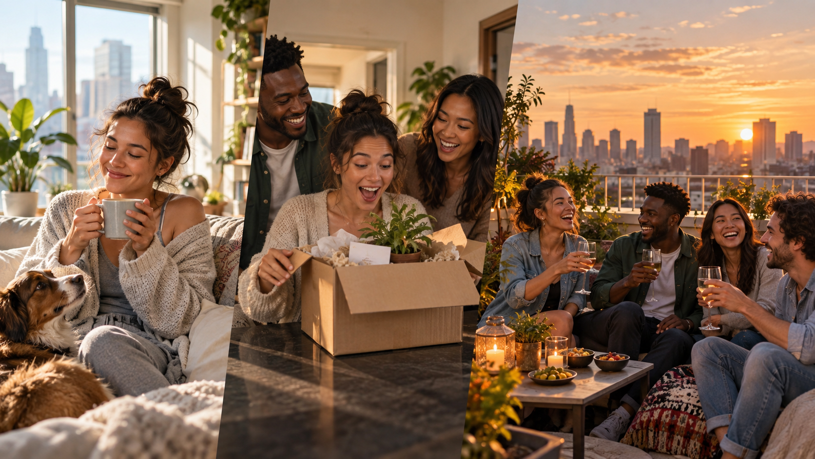 Three joyful moments escalating from morning coffee to a rooftop gathering