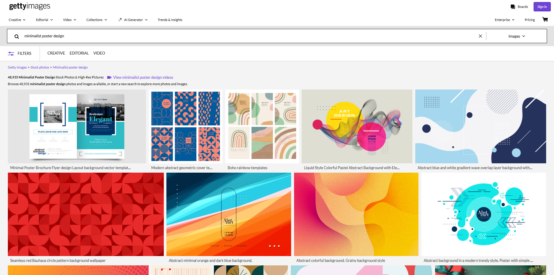 Interface of Getty Images - a platform to find elements for minimalistic poster designs