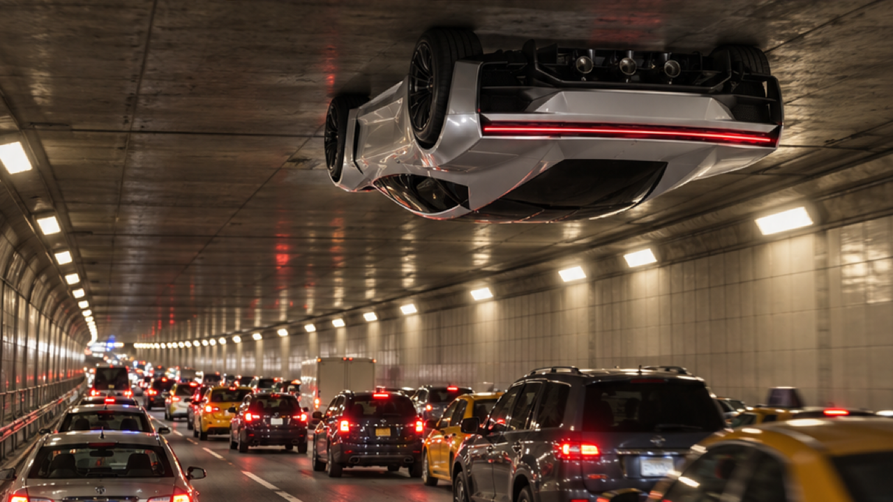 Un Roadster unghiular alb-argintiu inversat pe tavanul unui tunel aglomerat, anvelope spre tavan și acoperiș negru spre traficul vertical de dedesubt, privit din spate