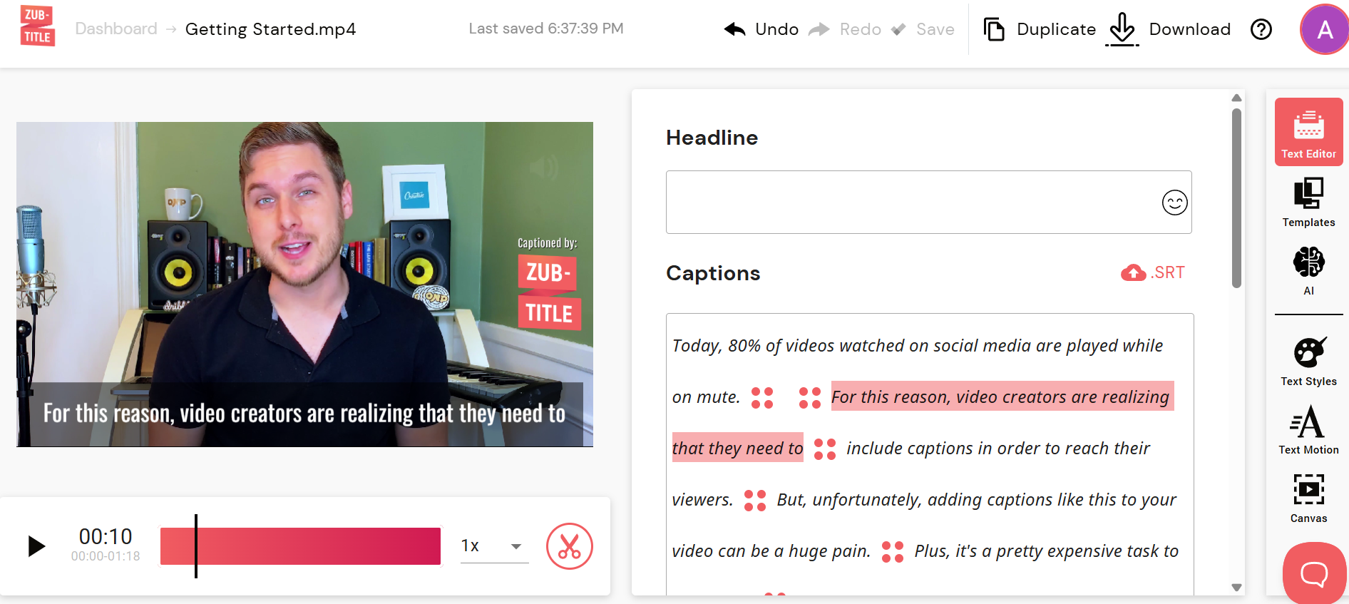 Zubtle caption generator for video