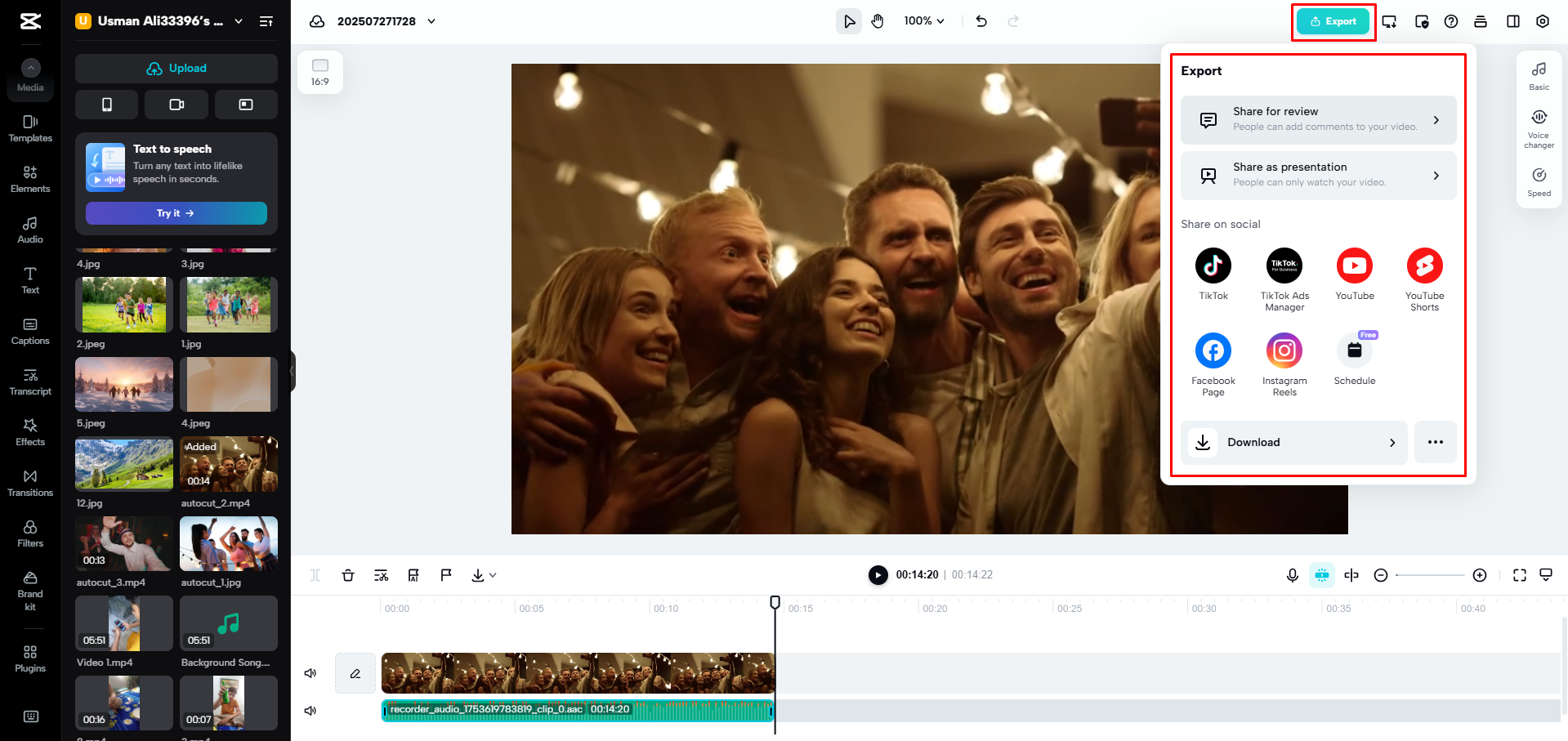 Exporting a video from CapCut Web
