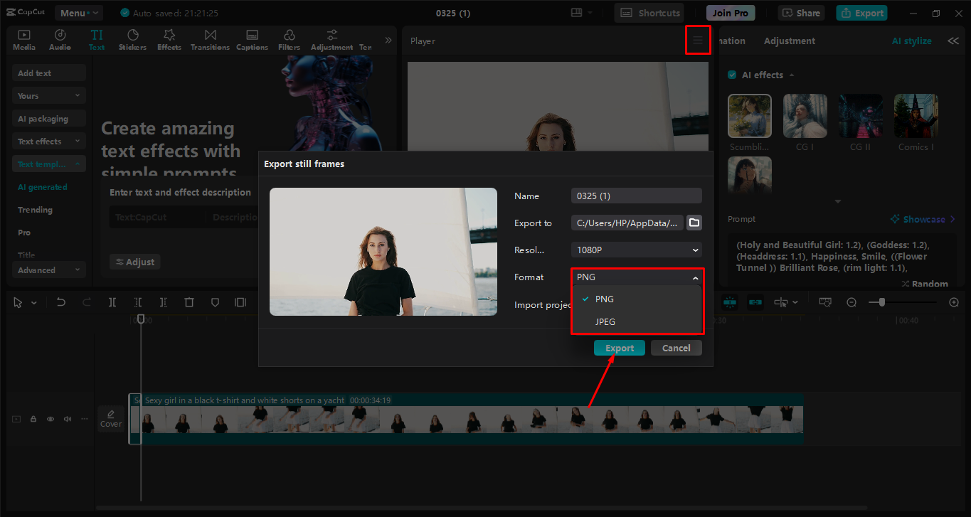 Exporting still frames from CapCut