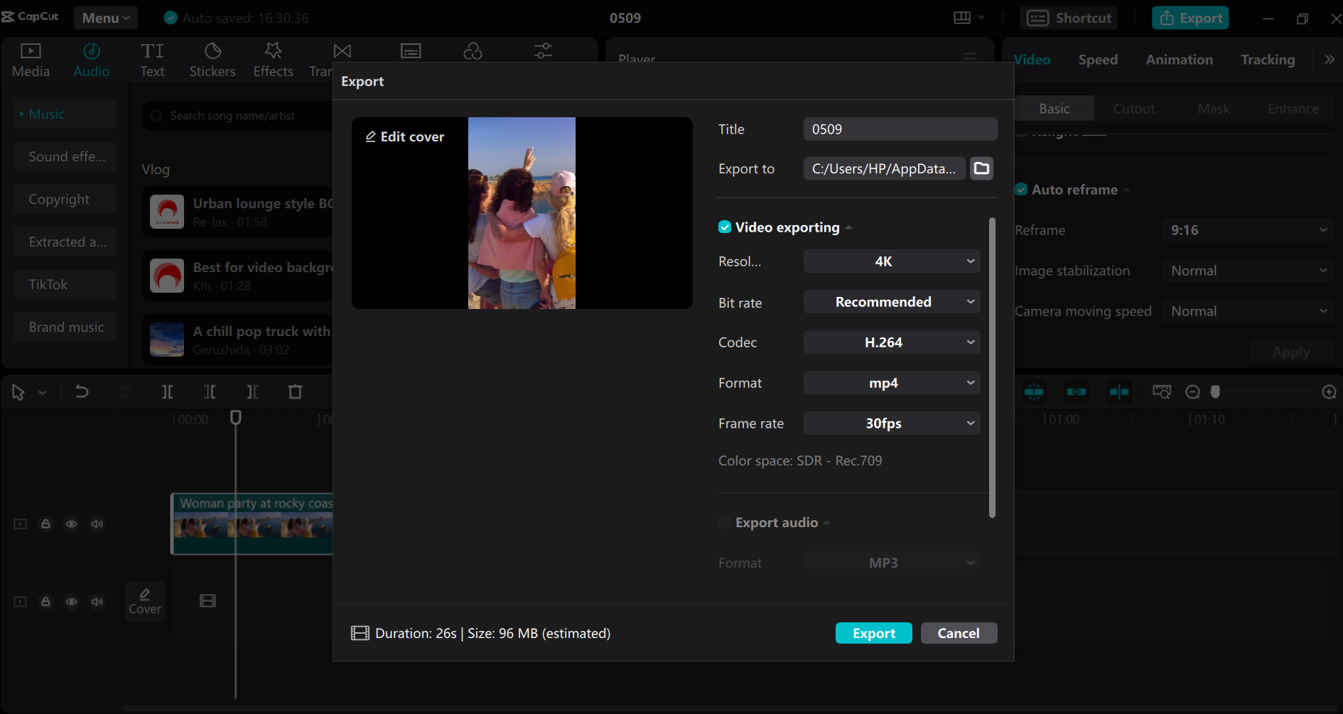 Export a video from the CapCut desktop editor and AI shorts maker.