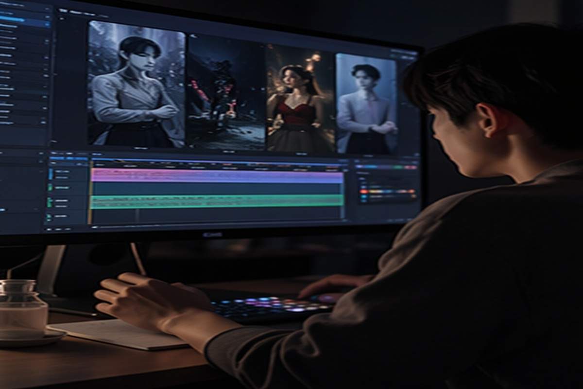 Aplikasi Drama Vertikal membuat draf visual yang relevan dengan topik adegan.