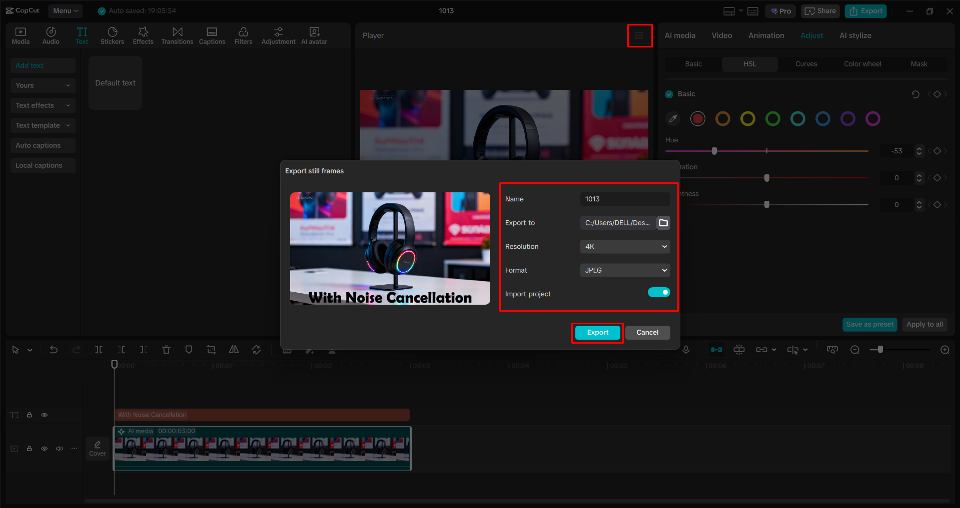 Exporting the image from the CapCut desktop video editro